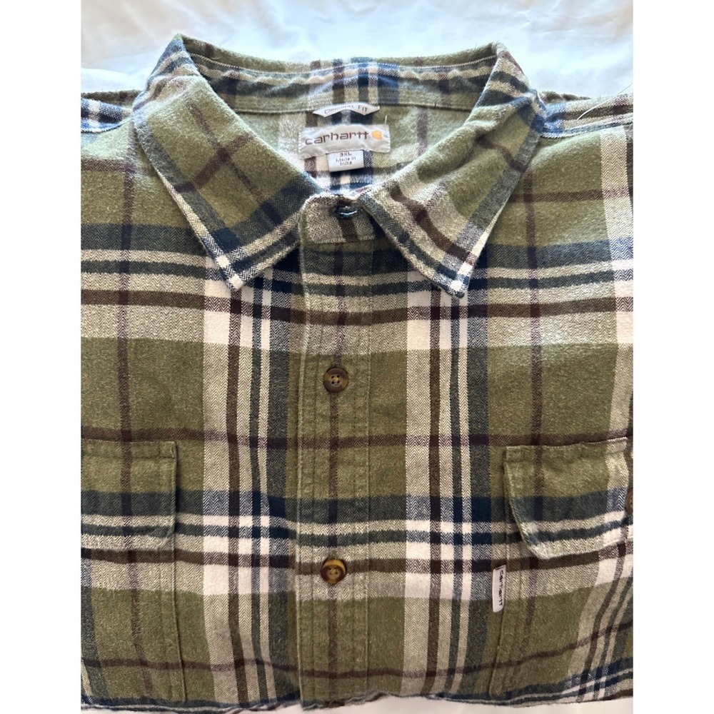 Carhartt Mens 3XL Flannel Shirt Olive Green Plaid Original Fit/Workwear/Rustic
